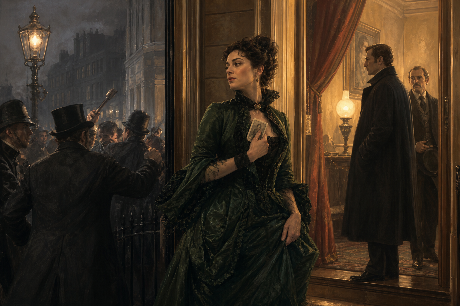 Irene Adler's townhouse during the staged commotion in A Scandal in Bohemia, with Holmes and Watson observing from the shadows