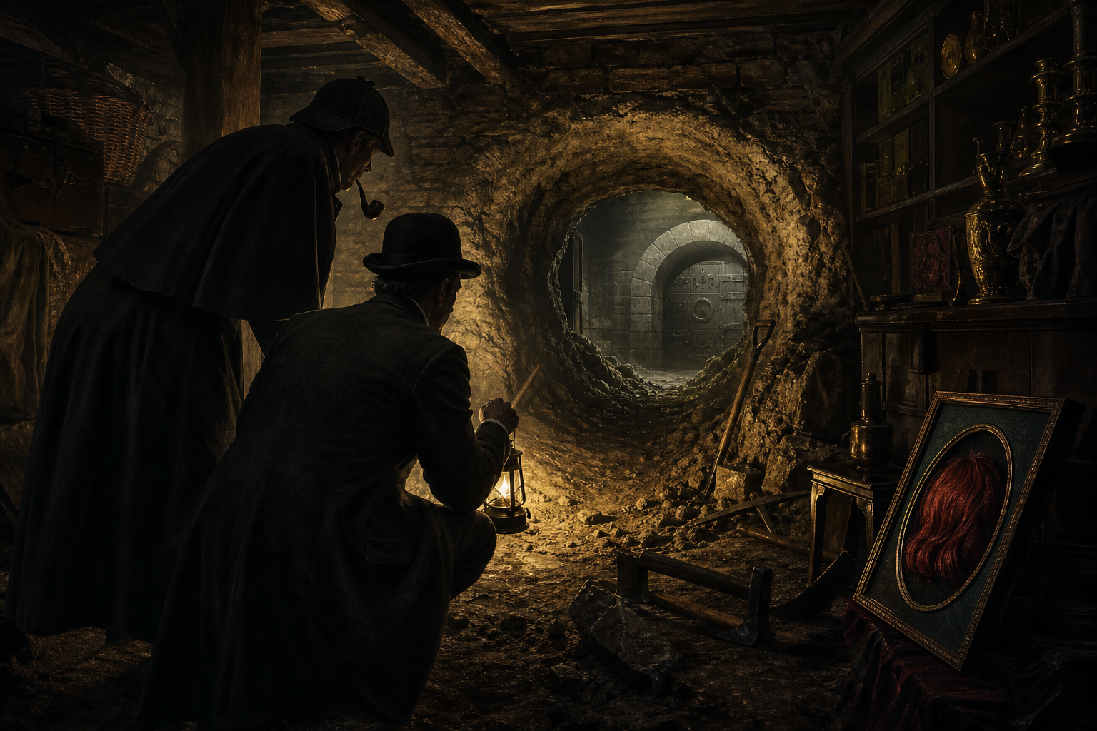 Holmes and Watson investigating a half-dug tunnel under a Victorian pawnbroker shop in The Red-Headed League