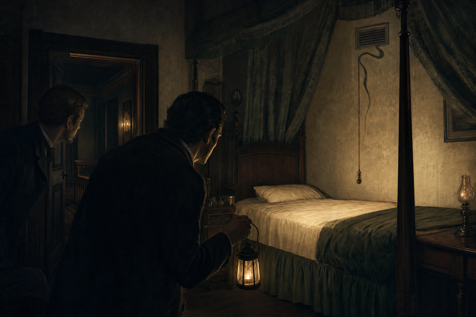 Holmes and Watson waiting in the dark bedroom in The Adventure of the Speckled Band, with the bell-pull and ventilator visible