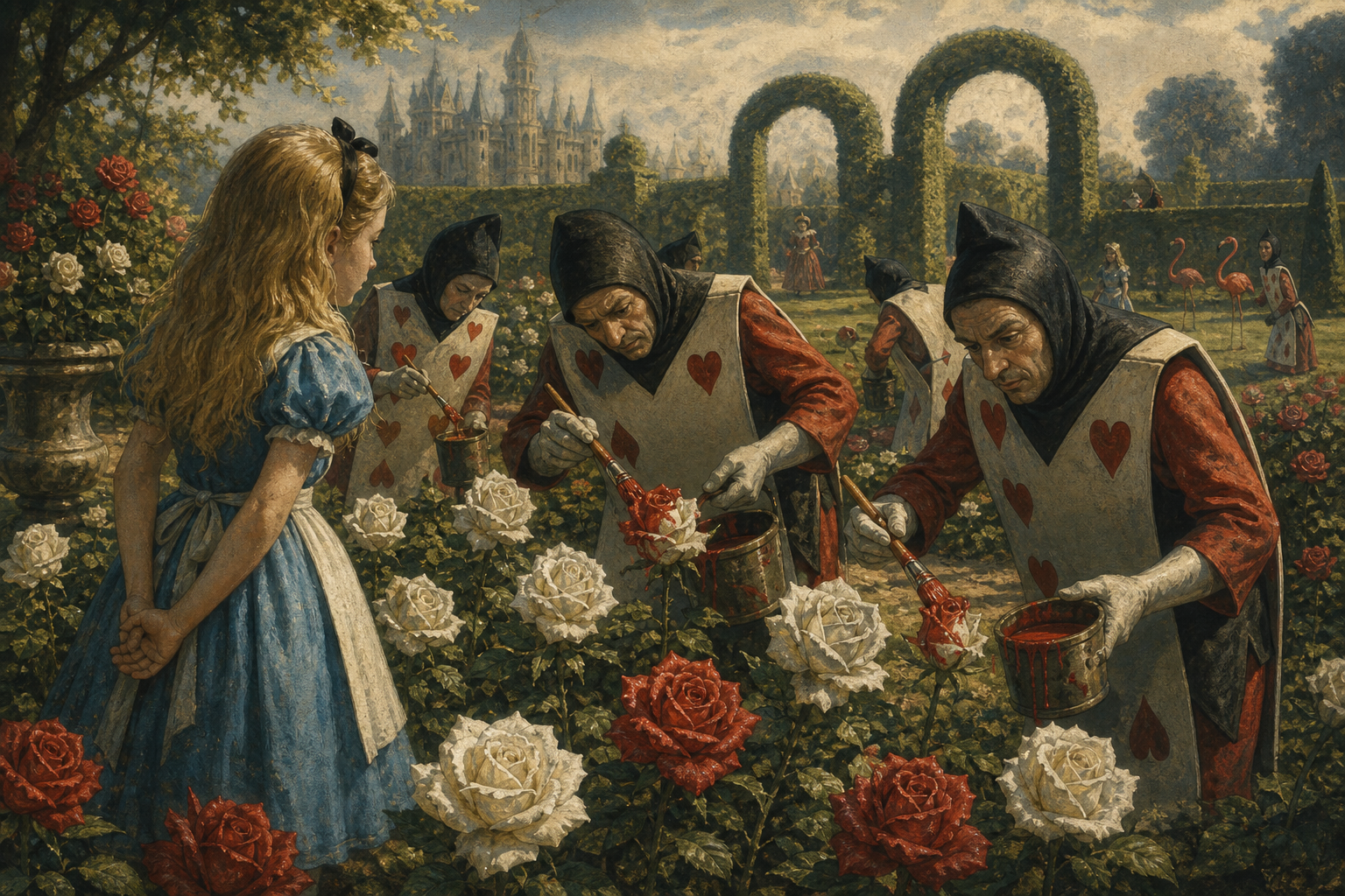 Soldados naipe pintando rosas blancas de rojo en el jardín de la Reina de Corazones mientras Alicia observa