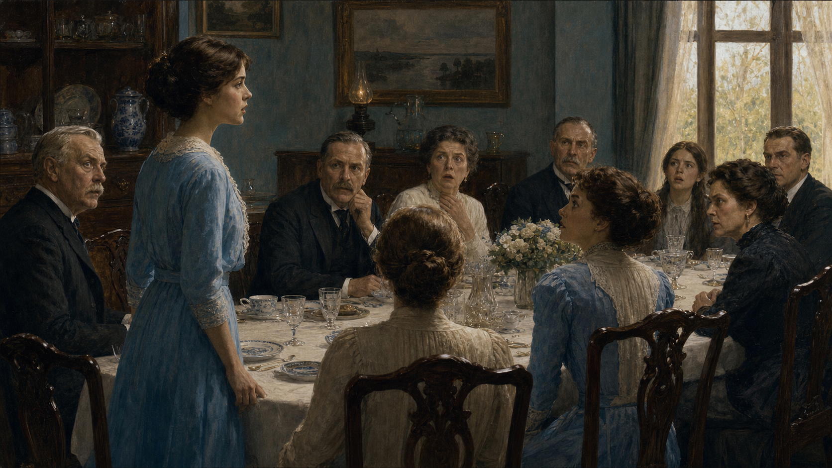 Valancy standing at a tense Stirling family dinner while relatives react to her new honesty in The Blue Castle