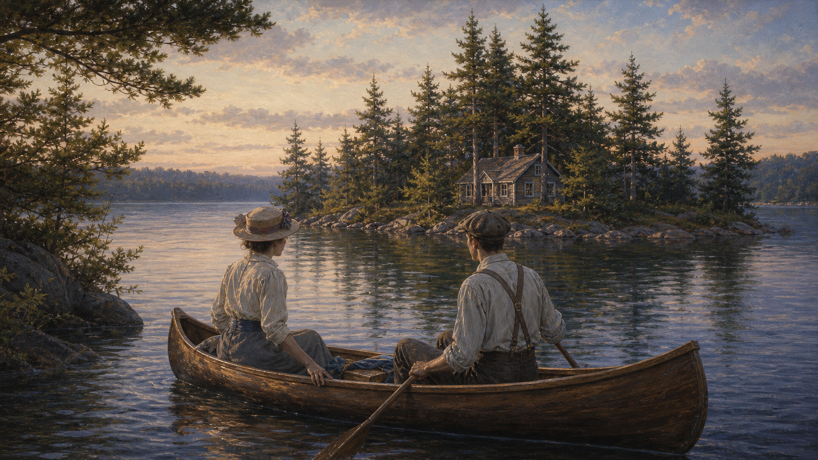 Valancy and Barney Snaith in a canoe approaching their Muskoka island cottage in The Blue Castle