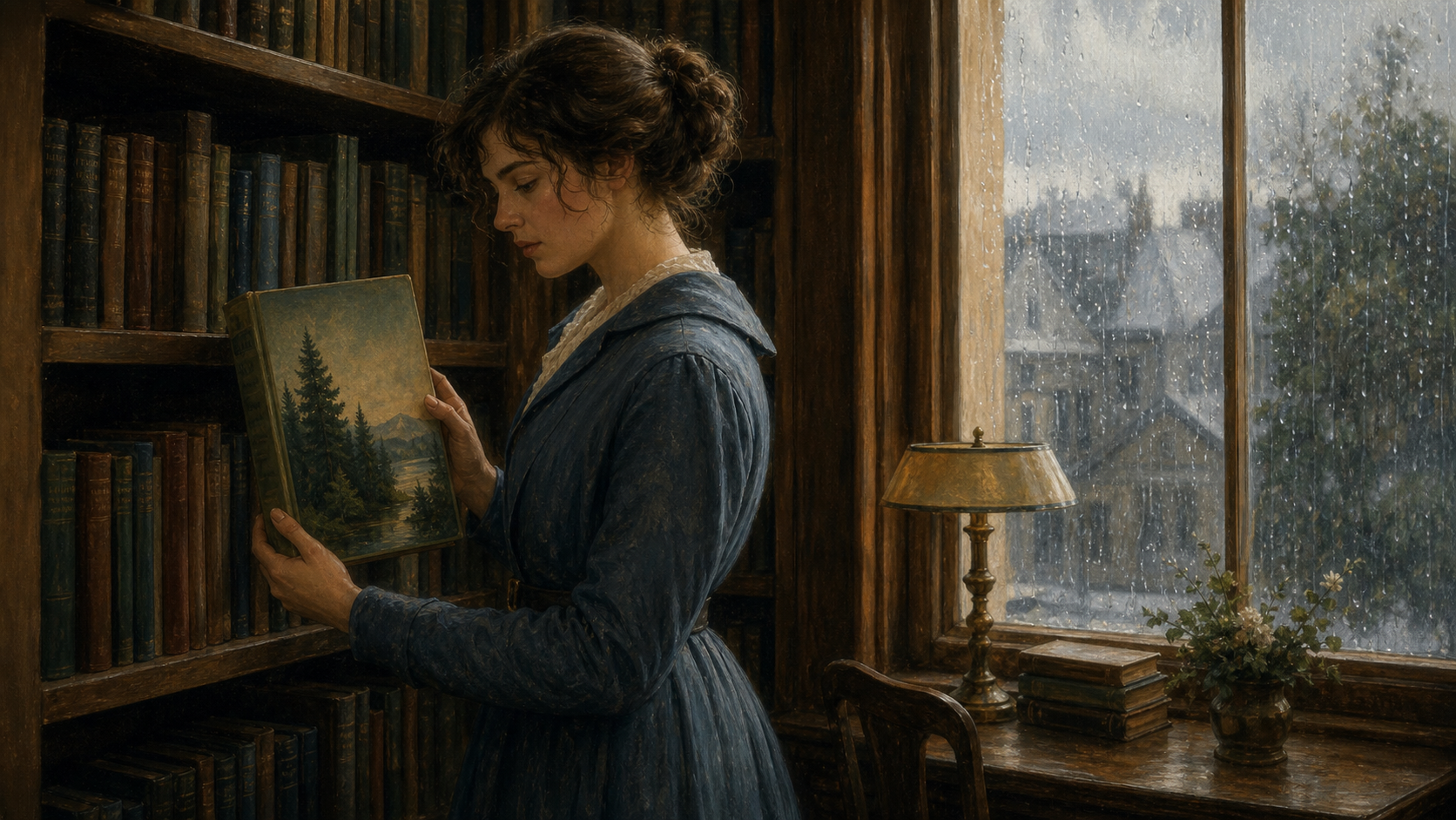 Valancy choosing a John Foster nature book from a rainy 1920s Ontario library in The Blue Castle