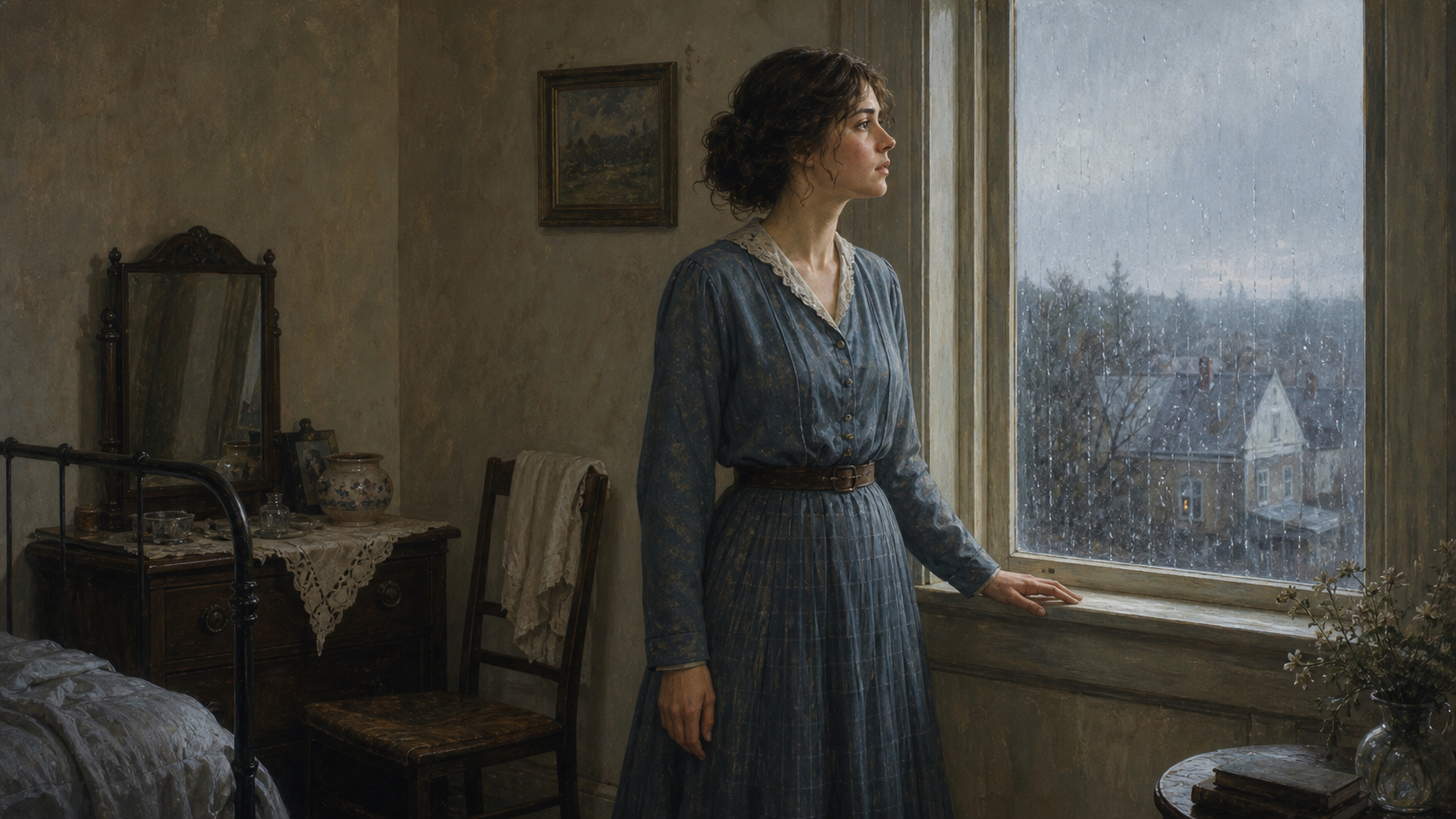 Valancy Stirling standing by a rainy bedroom window on the morning her inward rebellion begins in The Blue Castle