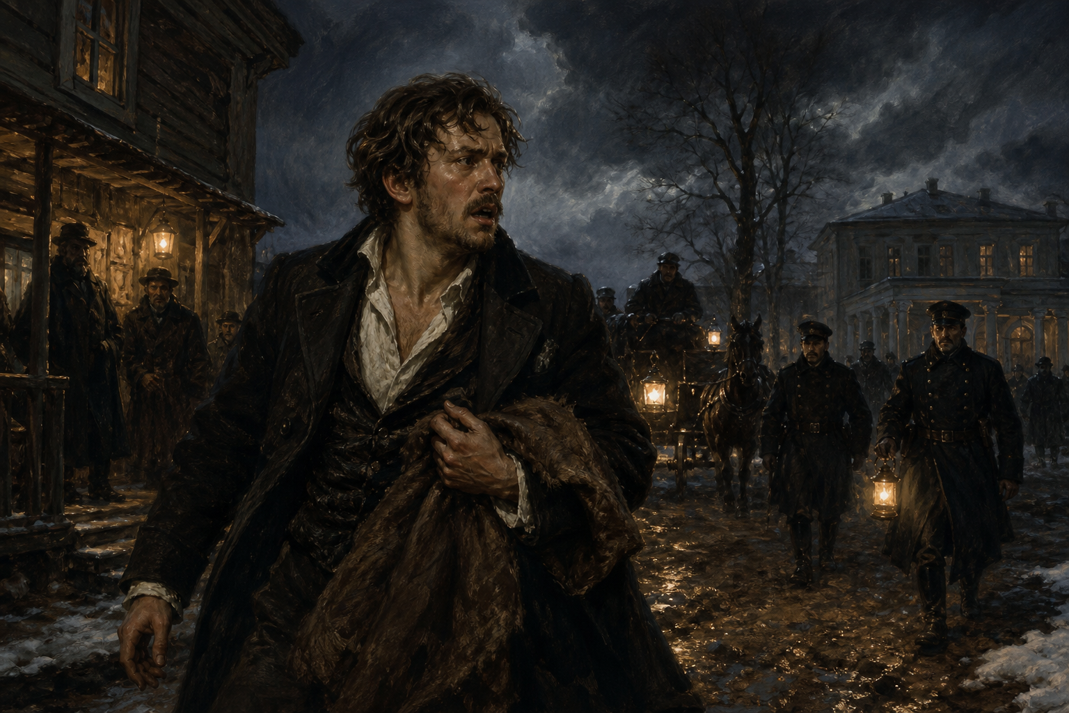 AI-generated image of Dmitri Karamazov on a stormy night as officers approach with lanterns after the murder accusation