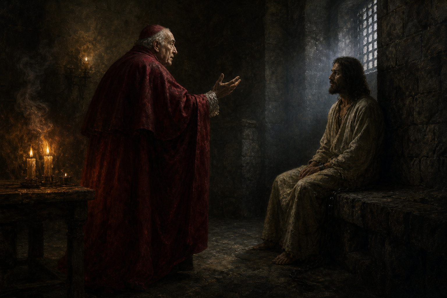 AI-generated image of Ivan's Grand Inquisitor parable, with an aged inquisitor confronting a silent prisoner in a candlelit stone chamber