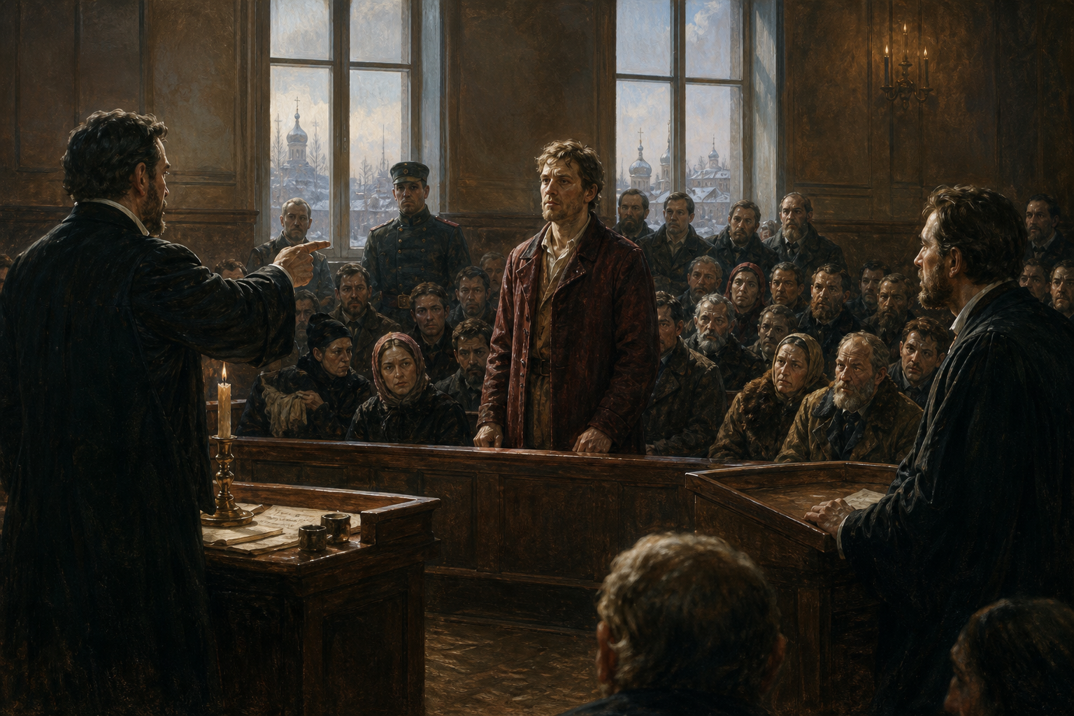 AI-generated study-guide image of Dmitri Karamazov standing in a crowded Russian courtroom