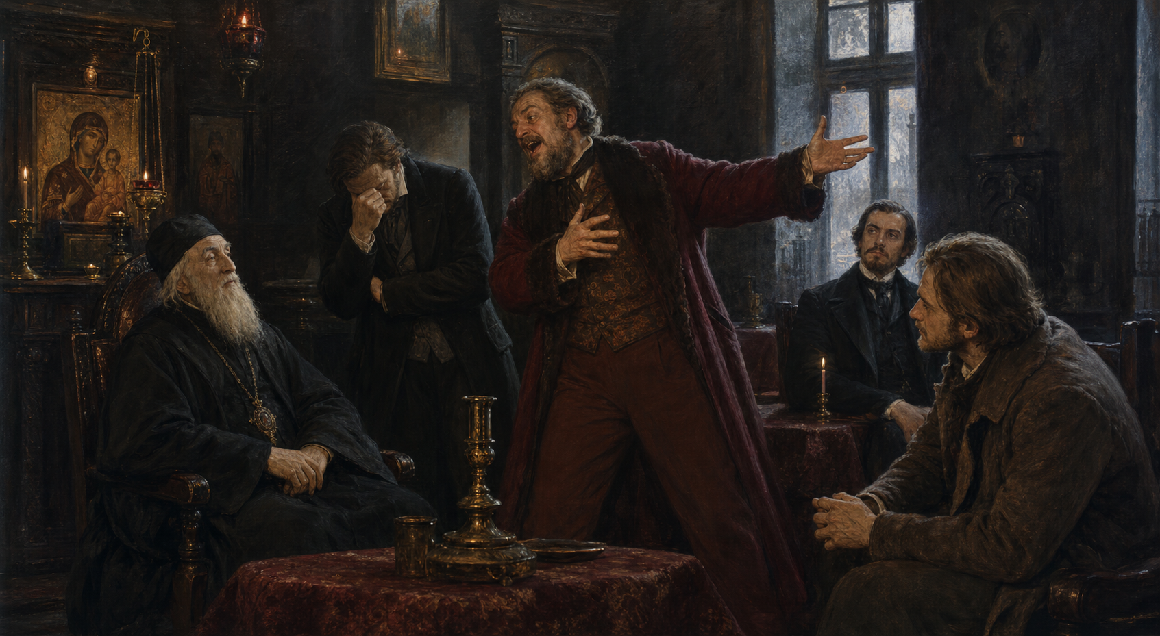 AI-generated image of the disastrous Karamazov monastery meeting with elder Zosima, Fyodor Pavlovich, and the brothers in a candlelit room