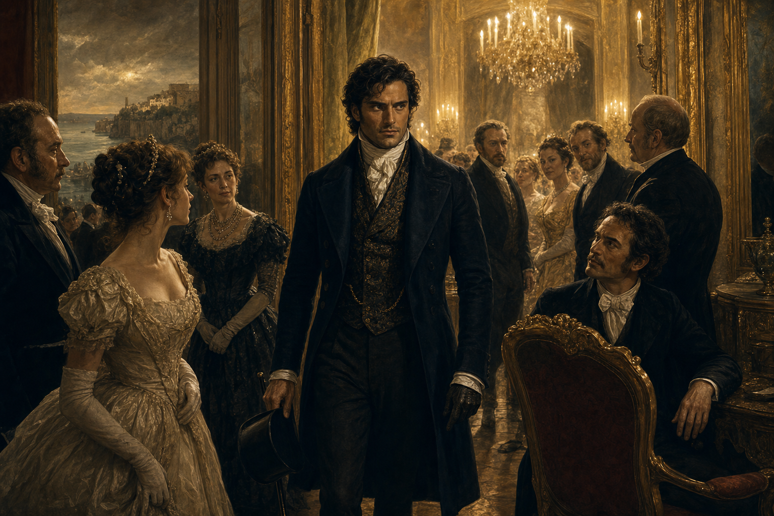 The Count of Monte Cristo entering a glittering Paris salon while aristocrats watch with fascination and unease