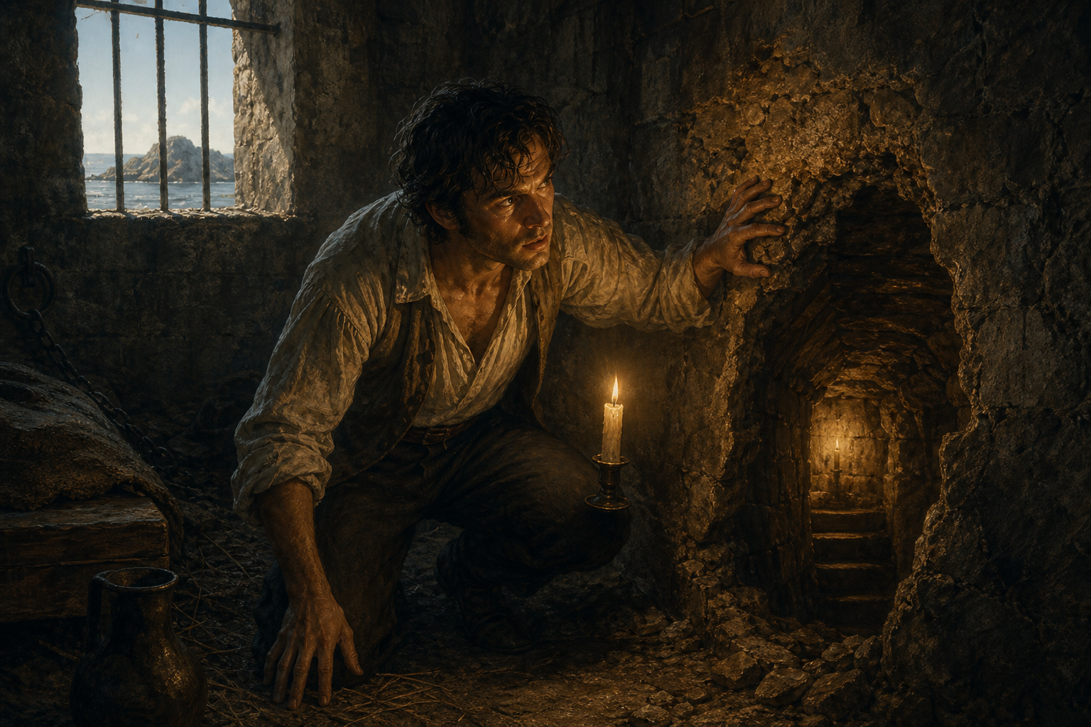 Edmond Dantes in the dark Chateau d'If prison cell discovering a hidden passage toward Abbe Faria