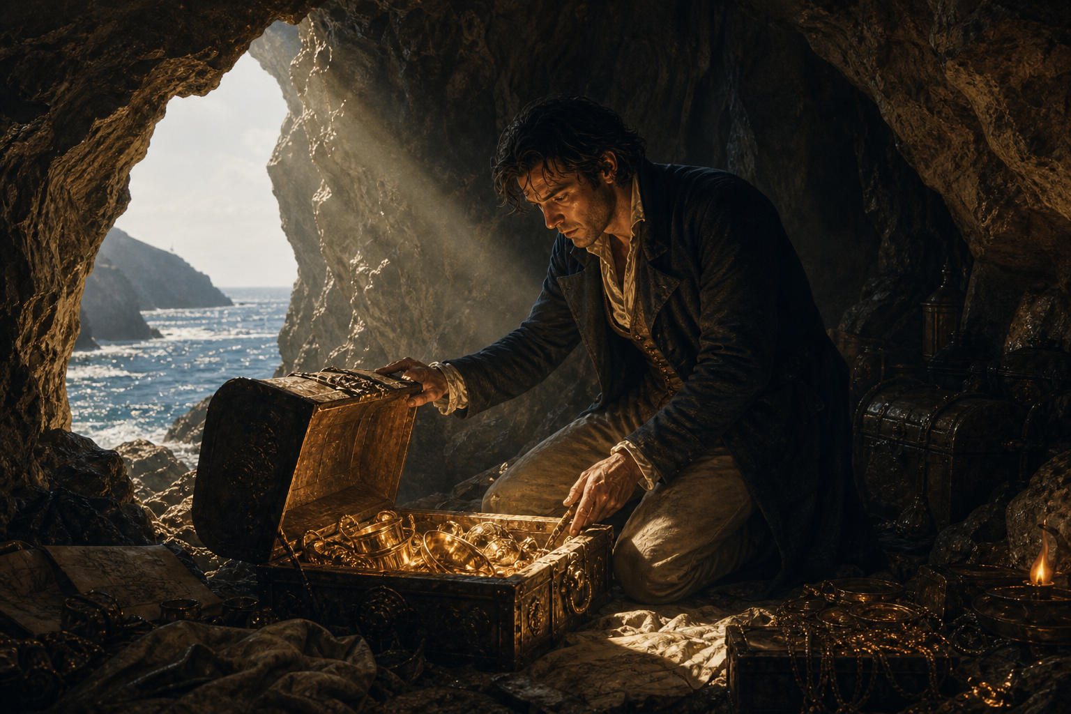 Edmond Dantes opening a hidden treasure chest in a sea cave on the island of Monte Cristo