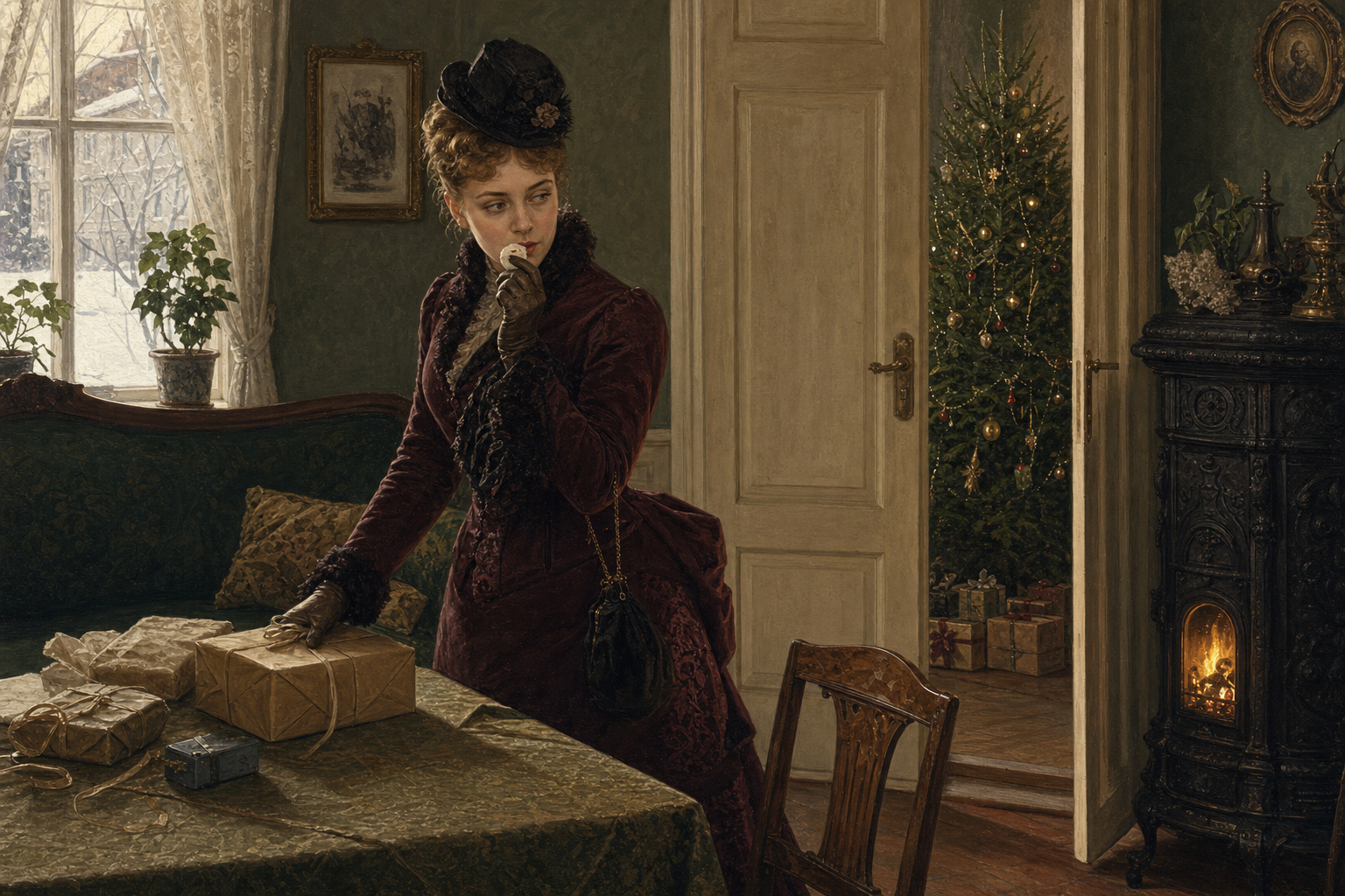 Nora Helmer hiding a macaroon in the Christmas drawing room at the start of A Doll's House