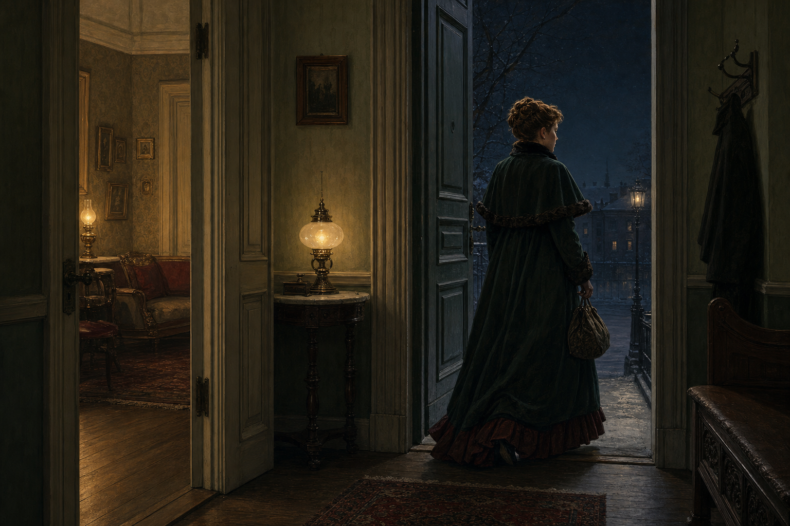 Nora Helmer stepping through the open front door at night in the ending of A Doll's House