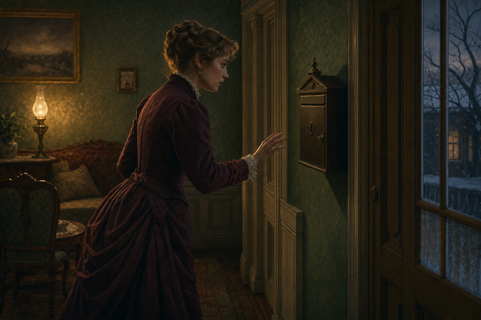 Nora Helmer hesitating beside the locked letterbox as a study-guide image for A Doll's House