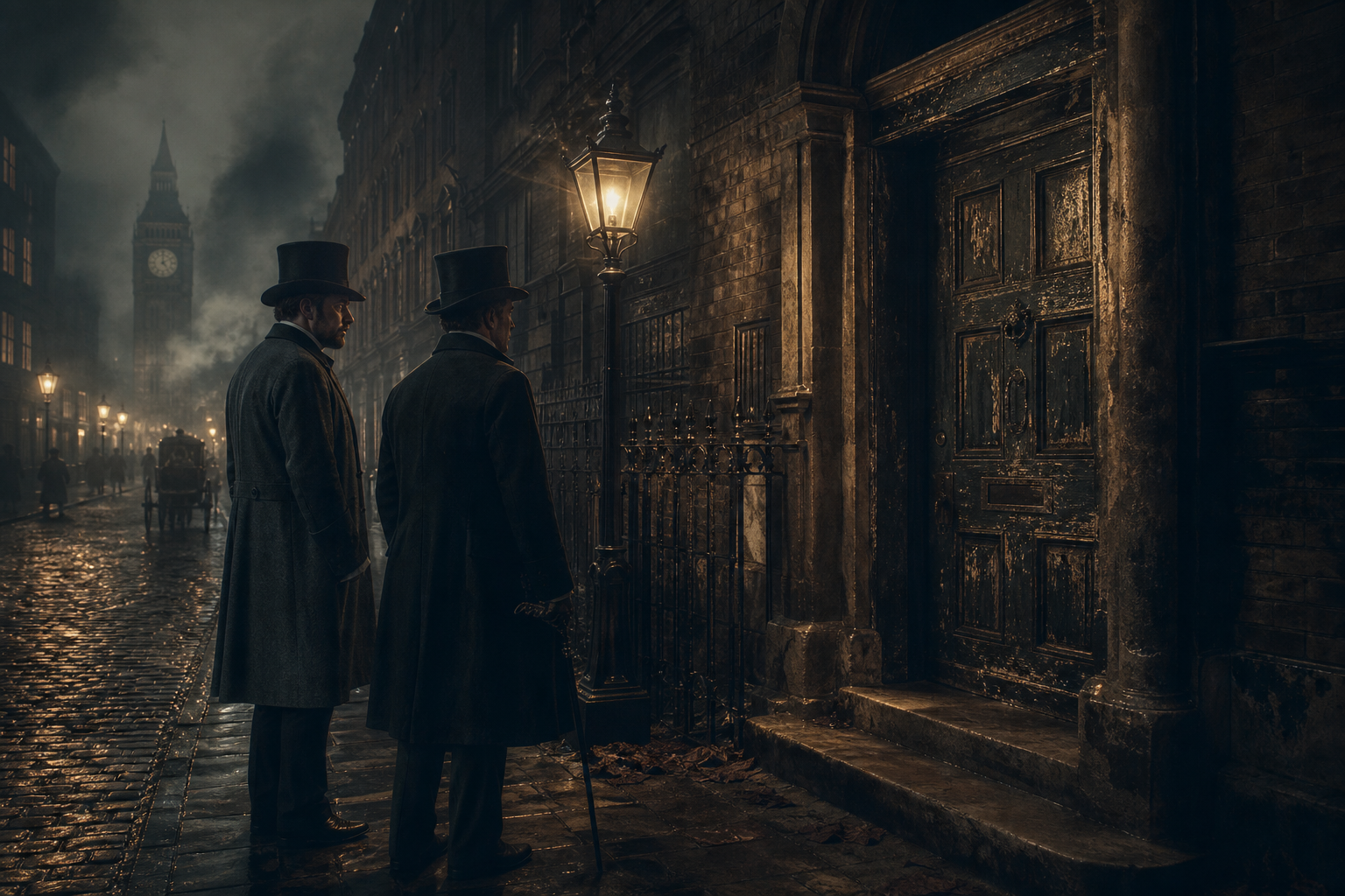 A foggy Victorian London street at night with two gentlemen pausing near a sinister battered door connected to Hyde's secret