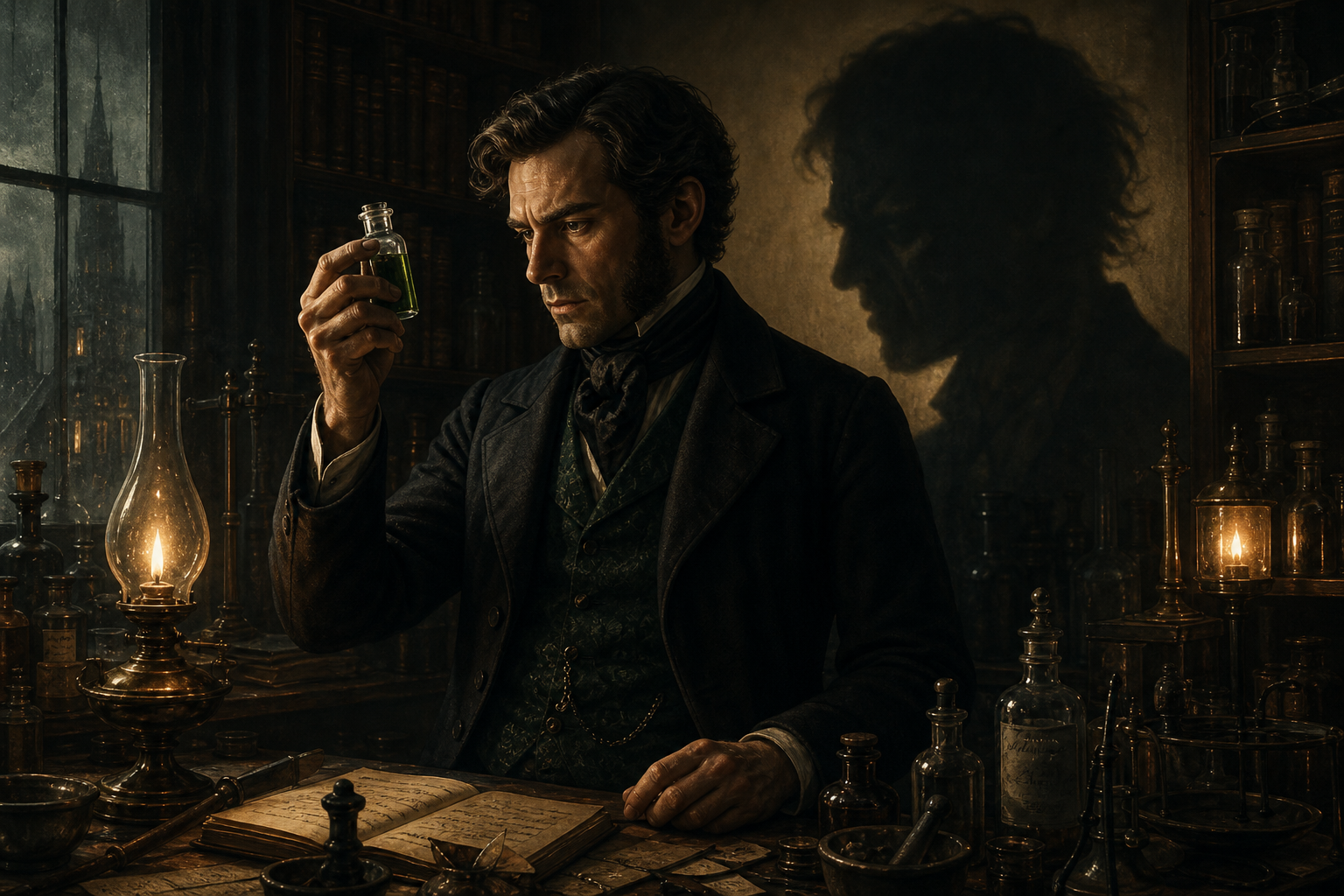 Dr. Jekyll in a dim Victorian laboratory holding a vial while a darker shadow suggests Hyde behind him