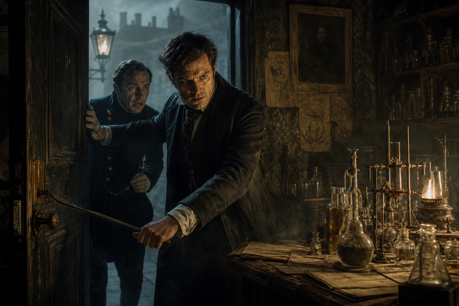 Utterson and Poole breaking open Dr. Jekyll's locked laboratory door at night in a tense Gothic scene