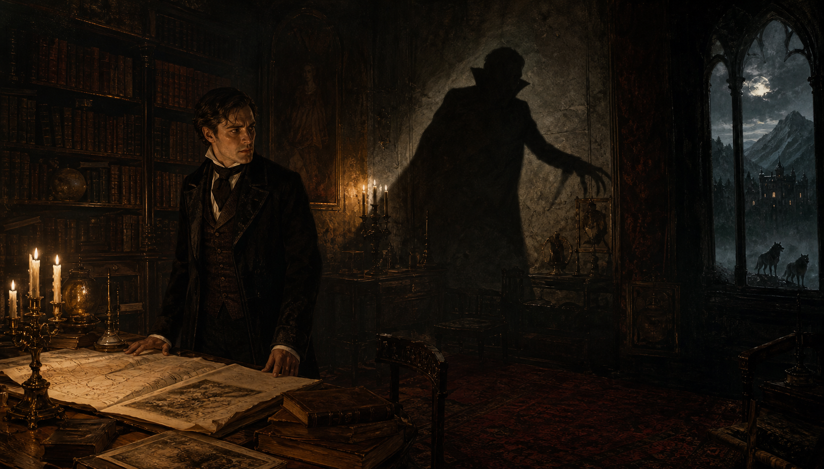 Jonathan Harker in Count Dracula's candlelit castle library as an unnatural shadow stretches across old maps and English books
