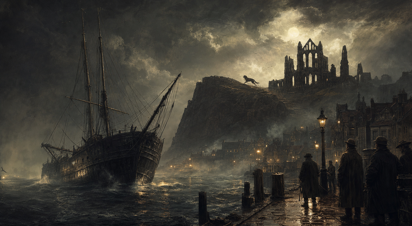The storm-tossed Demeter arriving at Whitby beneath abbey ruins as a black dog shape escapes through sea fog