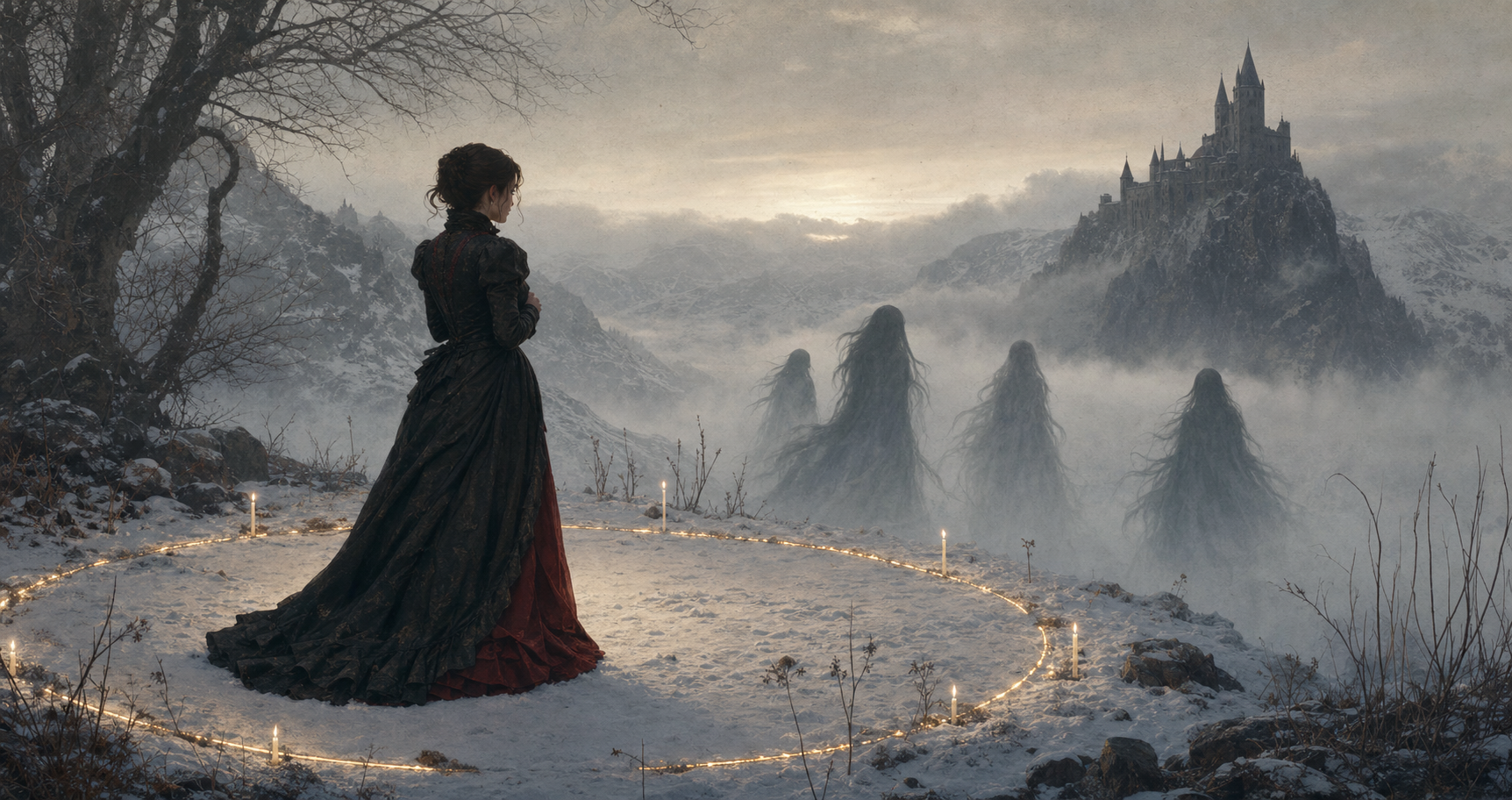 Mina Harker standing in a glowing protective circle in snowy Carpathian mountains while vampire women gather in mist near Castle Dracula