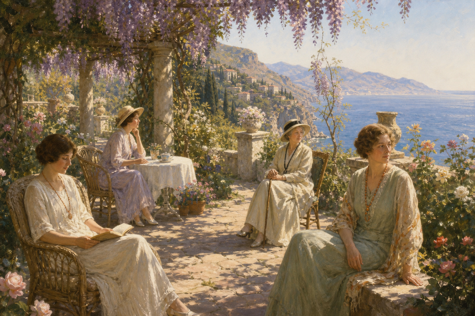 The four women of San Salvatore resting separately in a wisteria-covered Italian castle garden in The Enchanted April