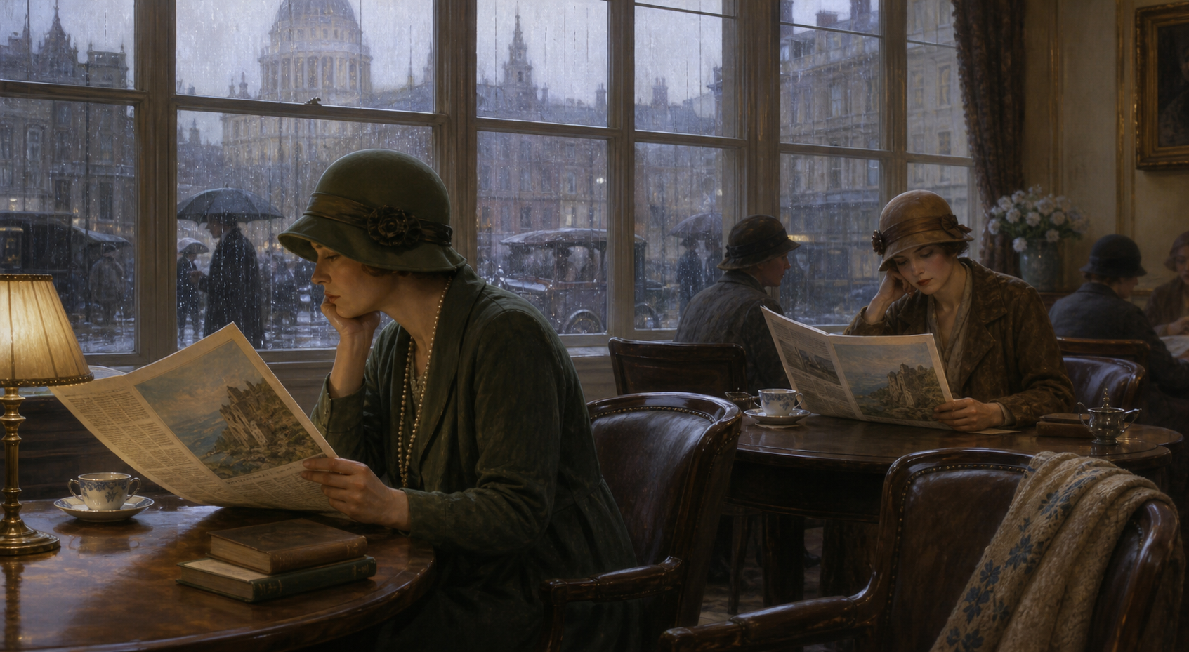 Two 1920s London women in a rainy club reading room noticing an advertisement for an Italian castle in The Enchanted April