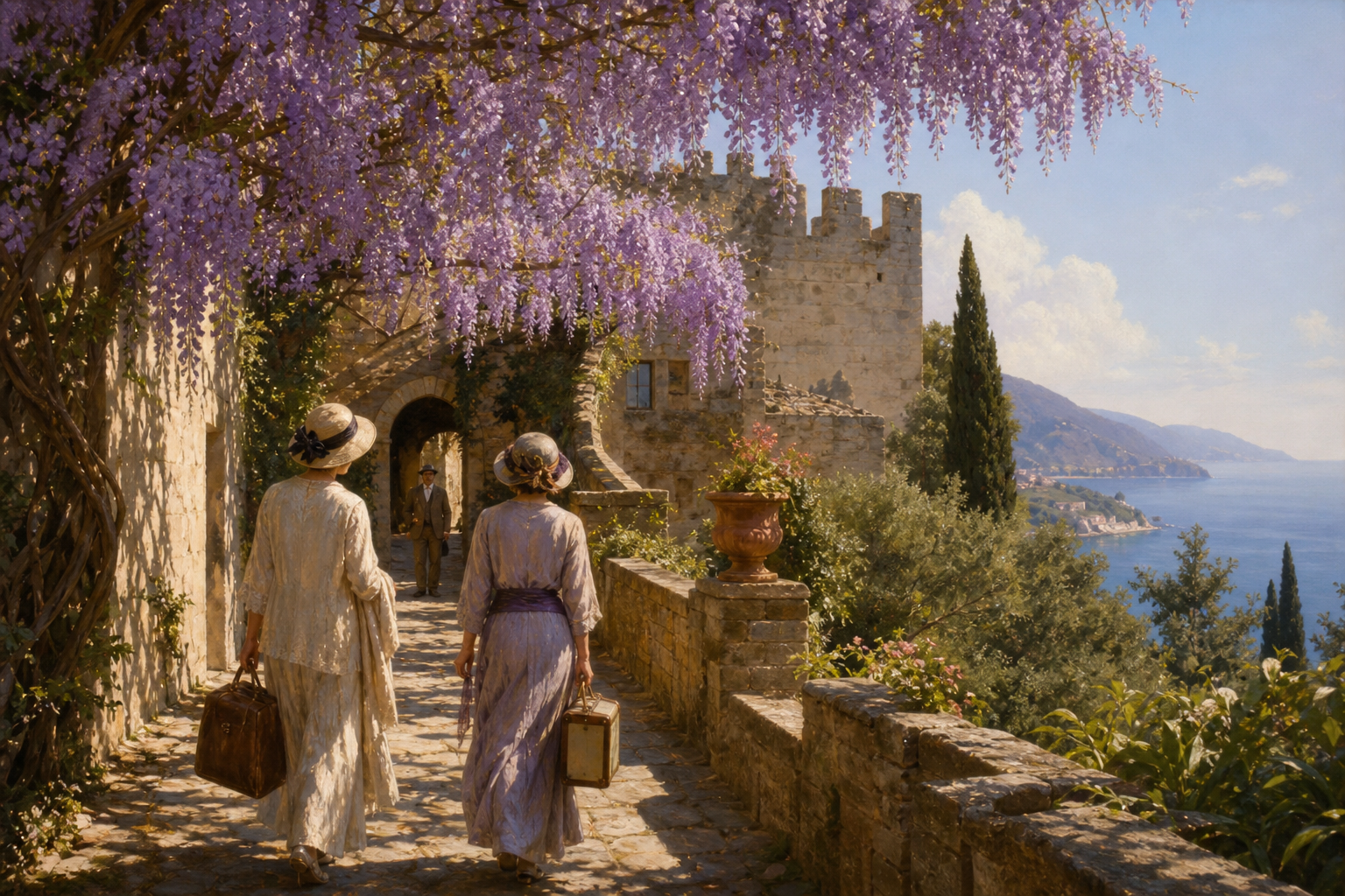 Lotty Wilkins and Rose Arbuthnot arriving at San Salvatore as a study image for The Enchanted April