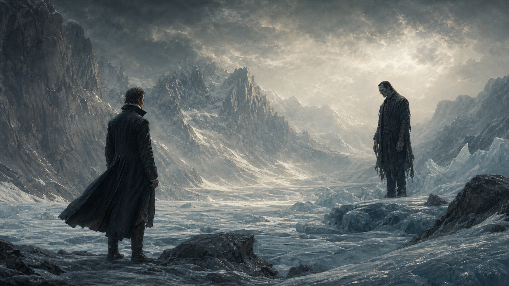 Victor Frankenstein and the creature facing each other across Alpine ice as a study-guide image for Frankenstein