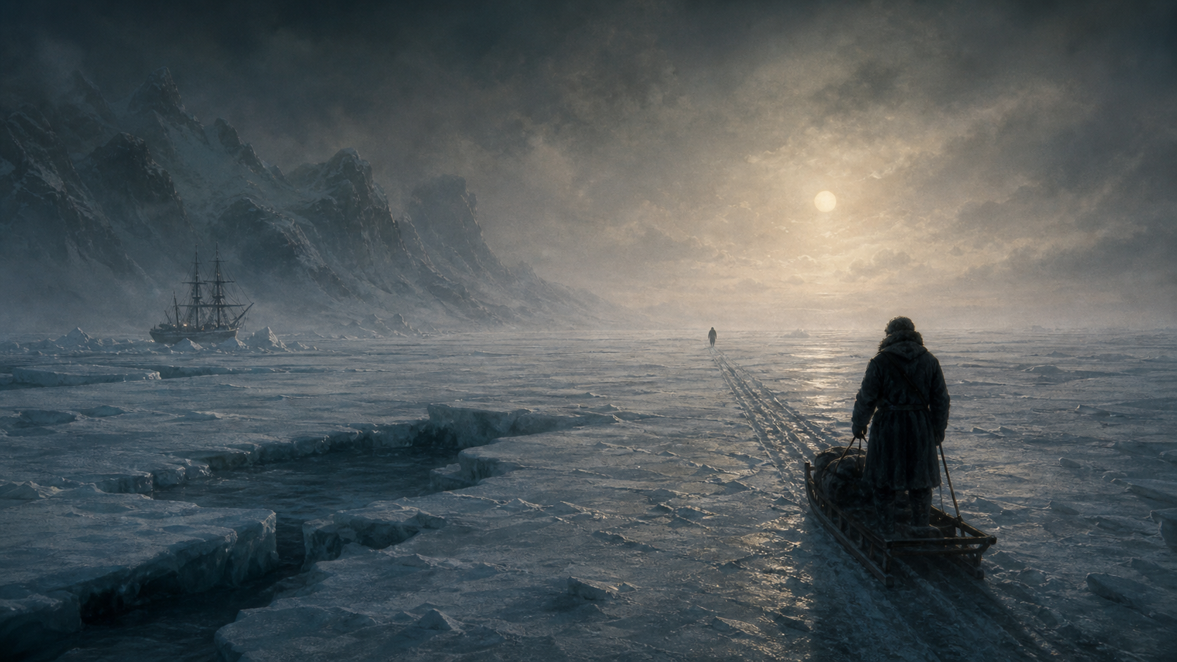 A lonely Arctic pursuit across ice, with a distant ship and sled tracks under pale moonlight