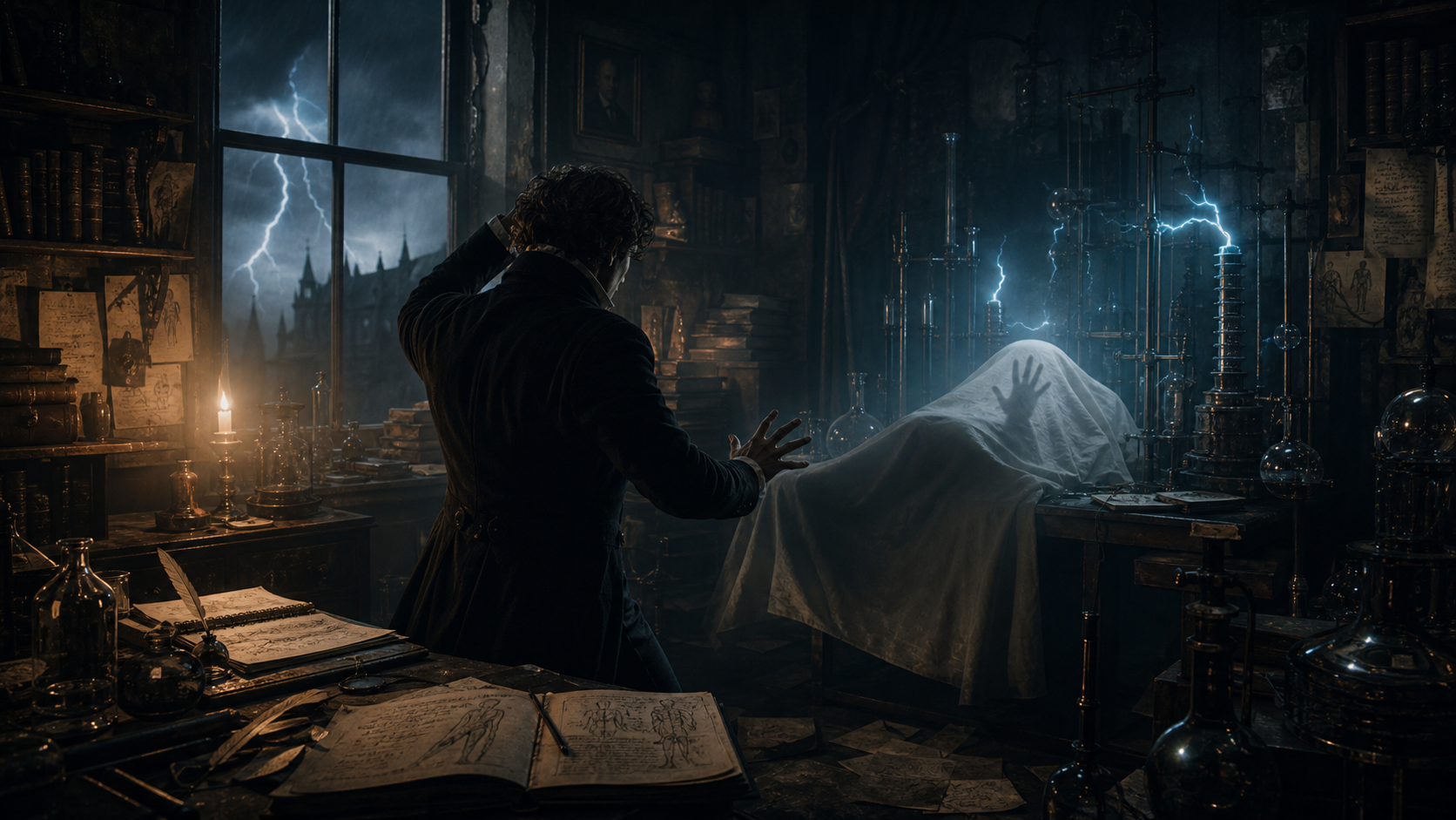 Victor Frankenstein recoiling in a storm-lit nineteenth-century laboratory as his experiment comes to life