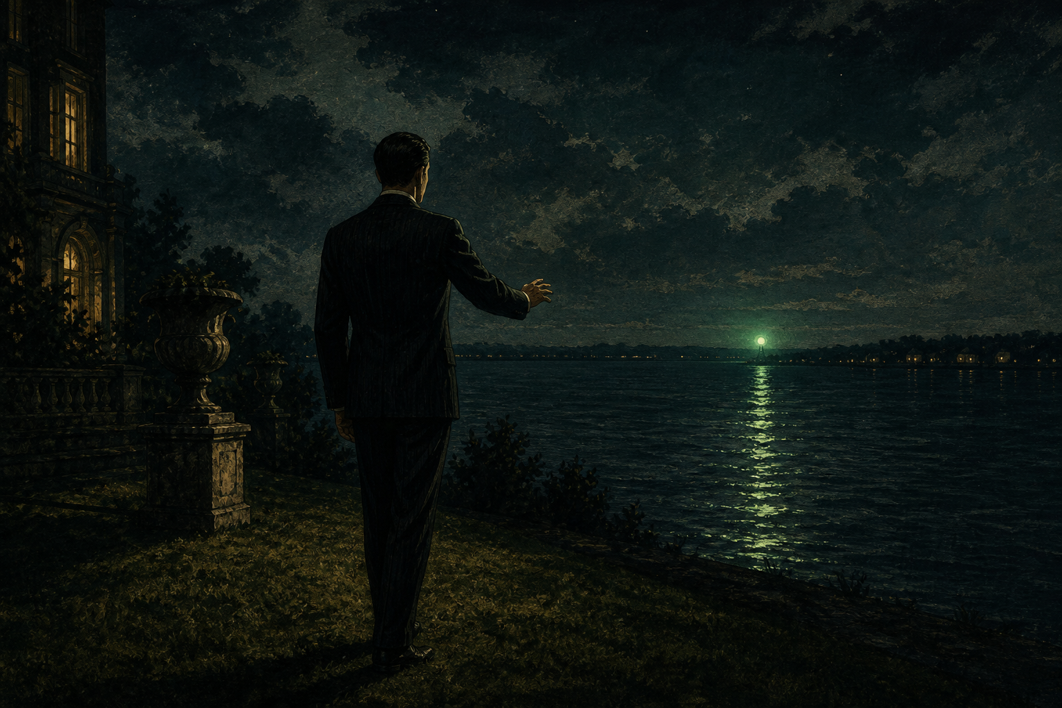 A solitary man in a 1920s suit standing by a dark Long Island lawn, looking across the bay toward a small green light