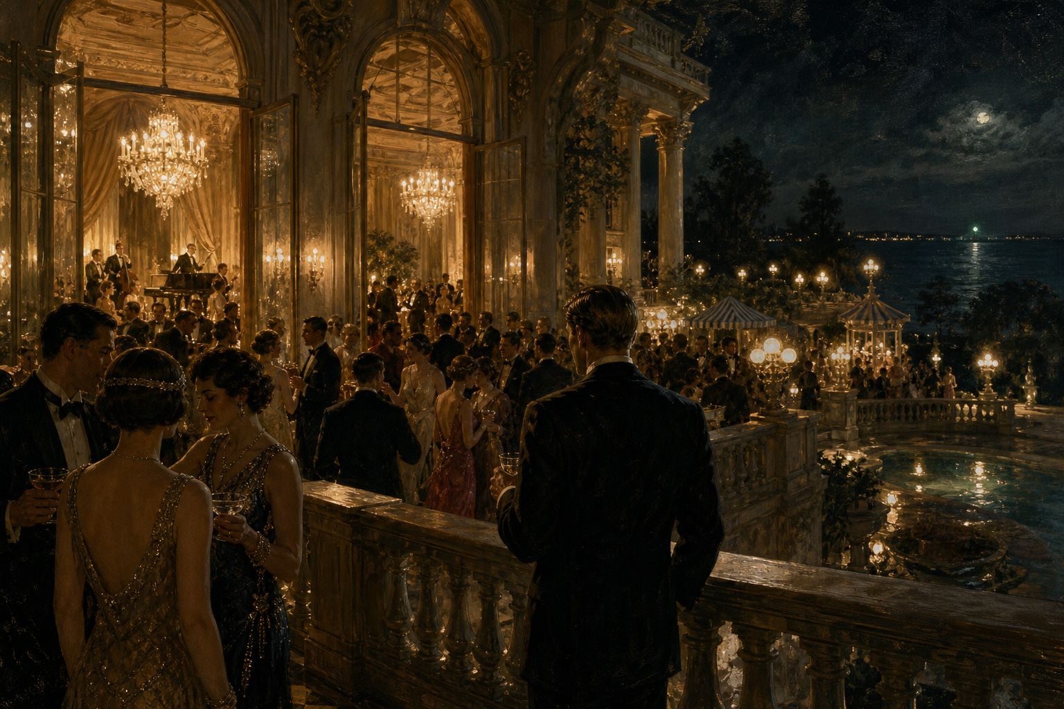 A glittering 1920s Jazz Age party at Gatsby's mansion, crowded and elegant but emotionally hollow