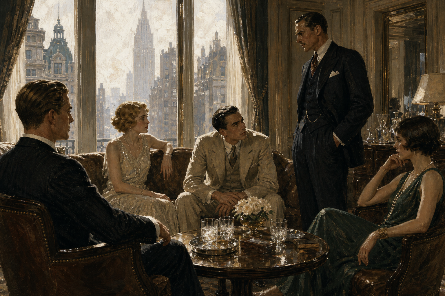 A tense 1920s hotel room confrontation, elegant figures facing one another in heat and silence