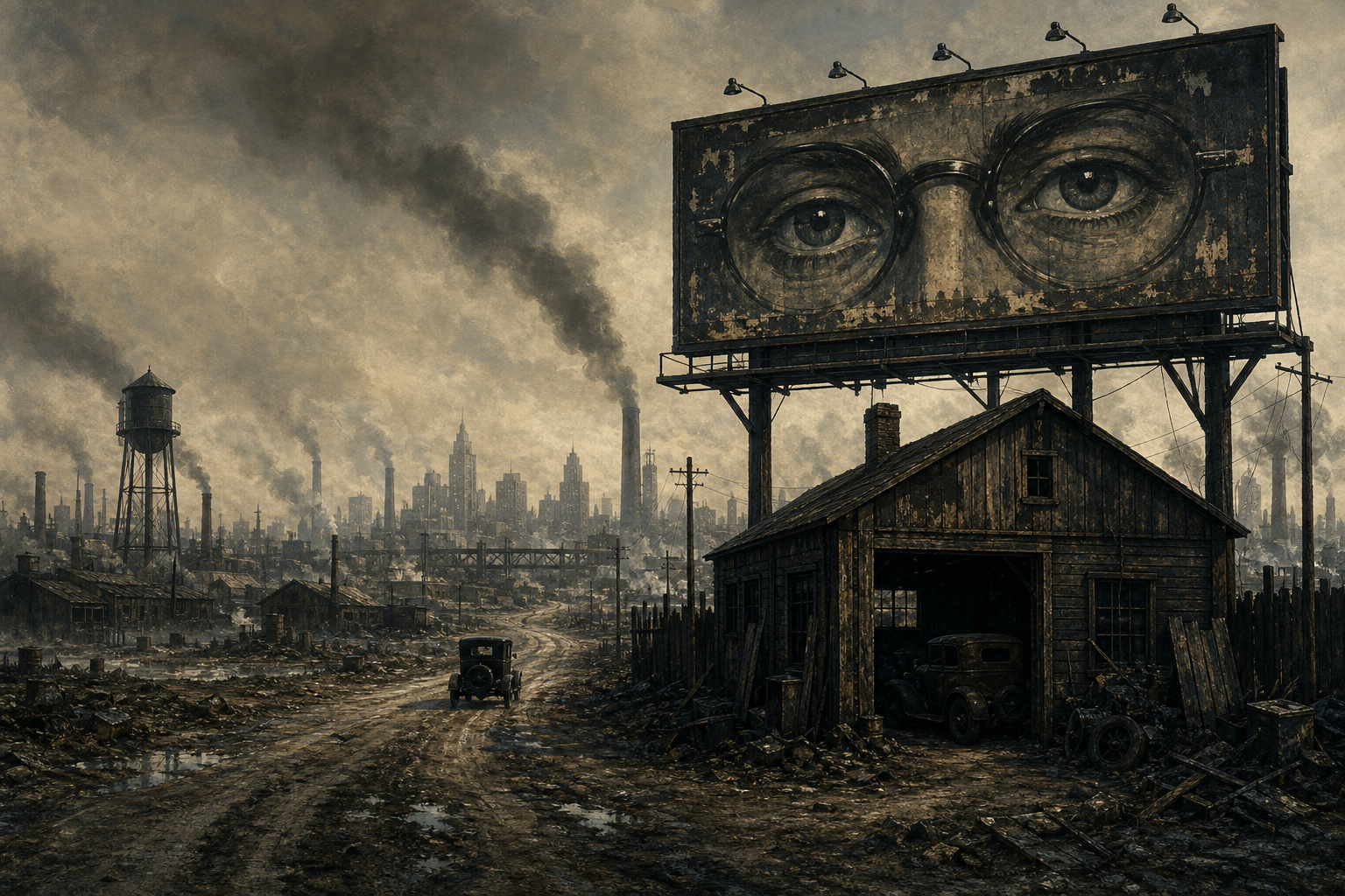The valley of ashes under the billboard eyes of Doctor T. J. Eckleburg, dusty road and worn garage in a gray industrial landscape