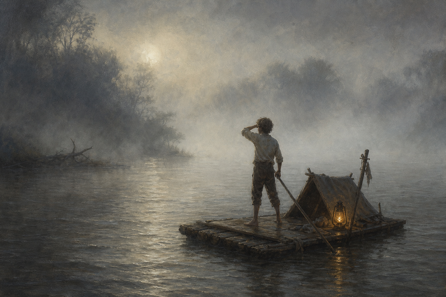 Huck alone on a raft in thick Mississippi River fog, searching for Jim