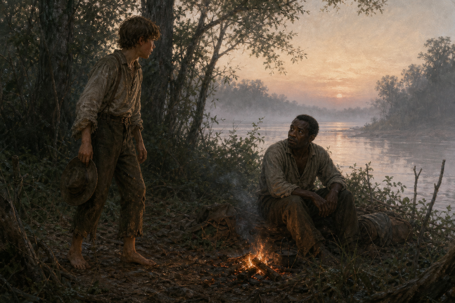 Huck discovering Jim at a dawn camp on Jackson's Island beside the Mississippi River