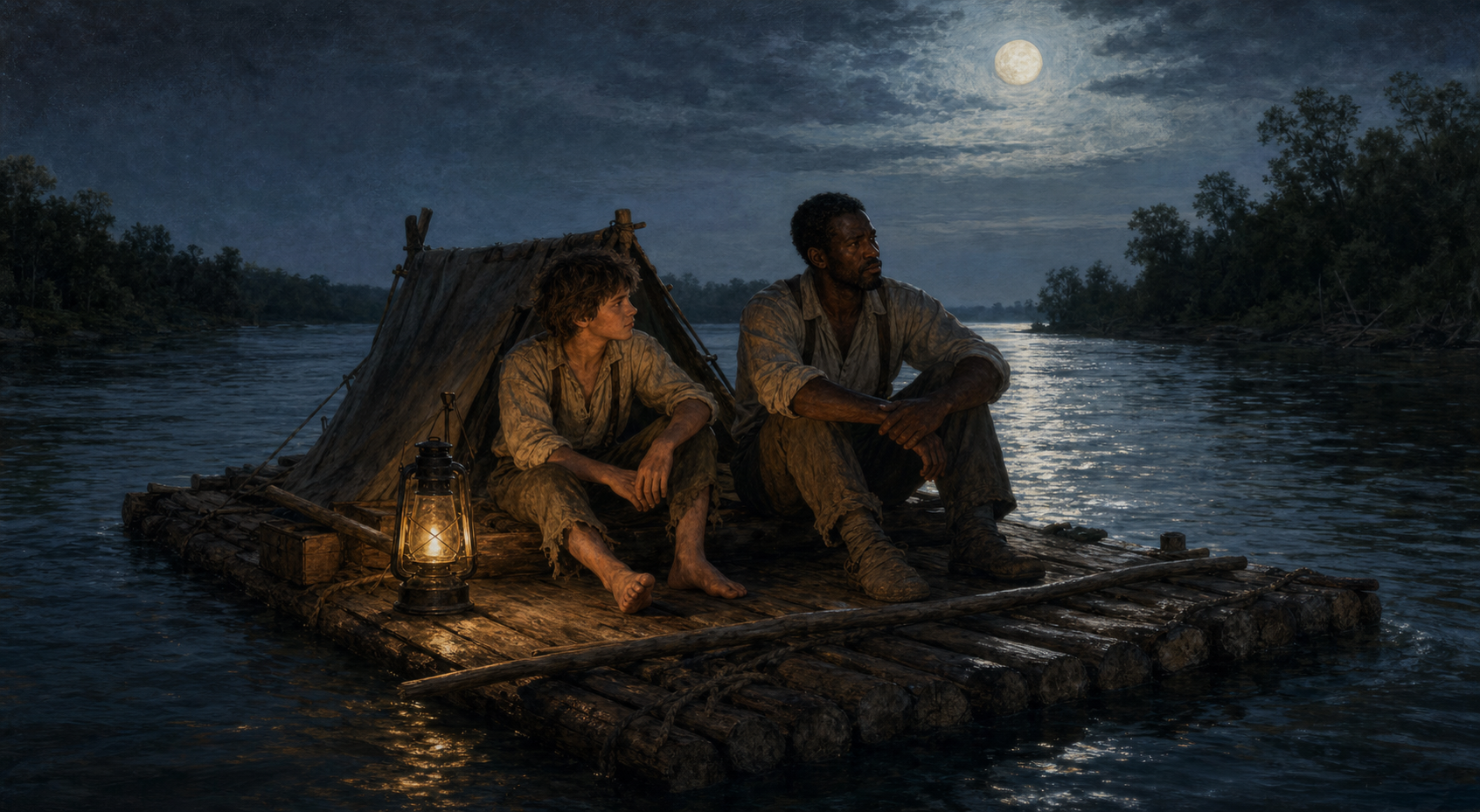 Huck Finn and Jim traveling by raft at night on the Mississippi River with a small lantern
