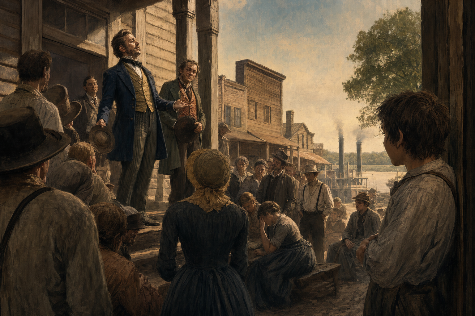 Huck watching two river-town con men perform false gentility before grieving townspeople