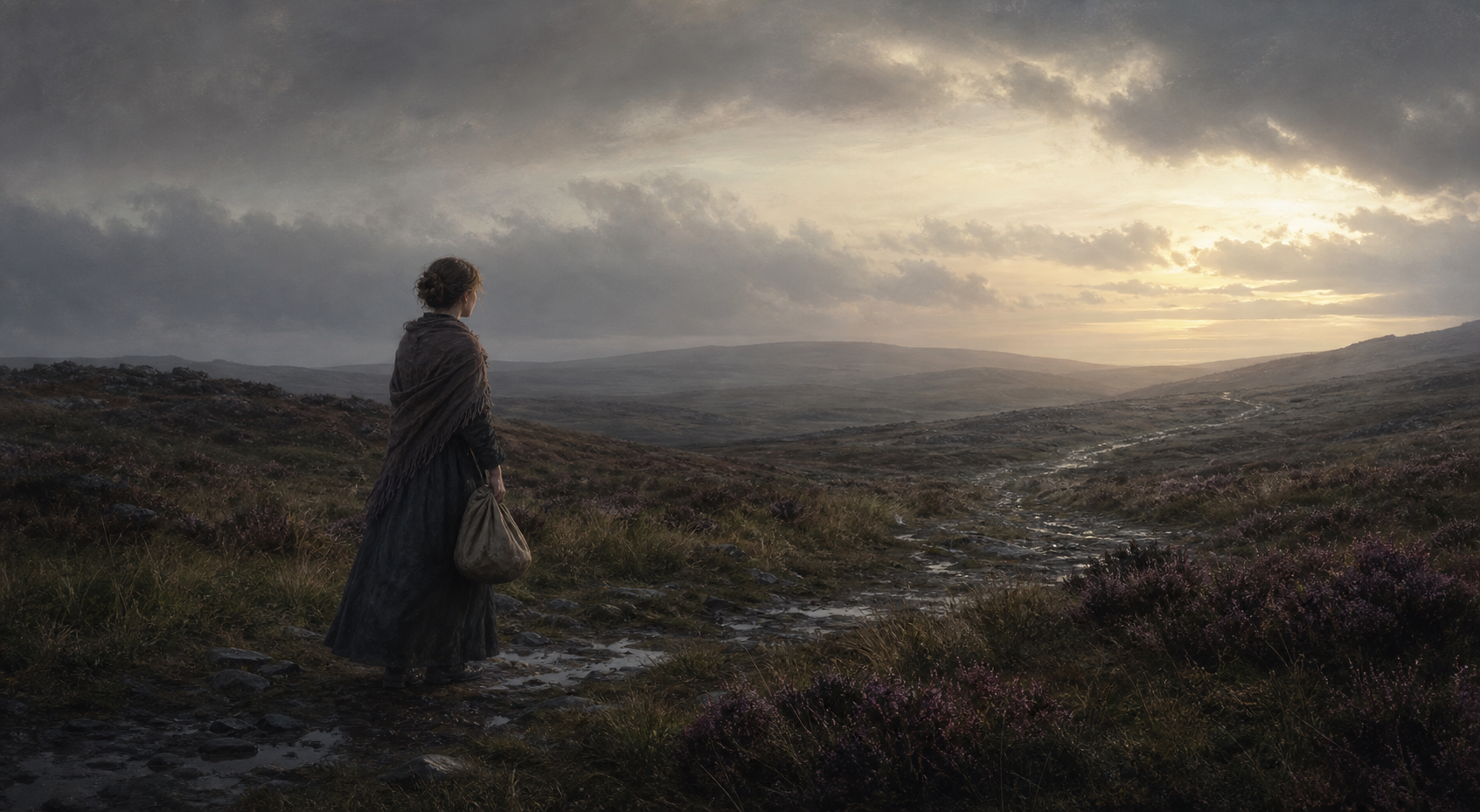 Jane Eyre walking alone across wet English moorland at dawn with a small bundle after leaving Thornfield