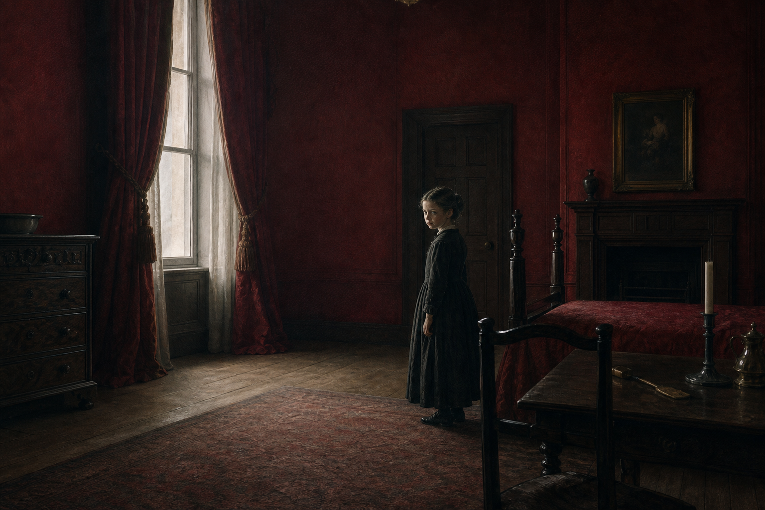 Young Jane Eyre in the red room as a study-guide image for Jane Eyre