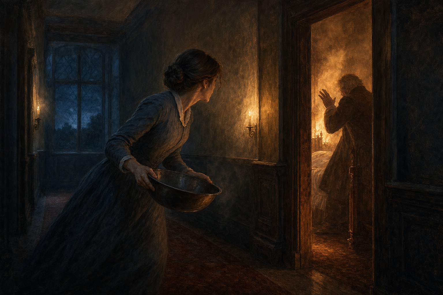 Jane Eyre carrying a basin toward a firelit bedroom doorway in a smoke-dark Thornfield corridor