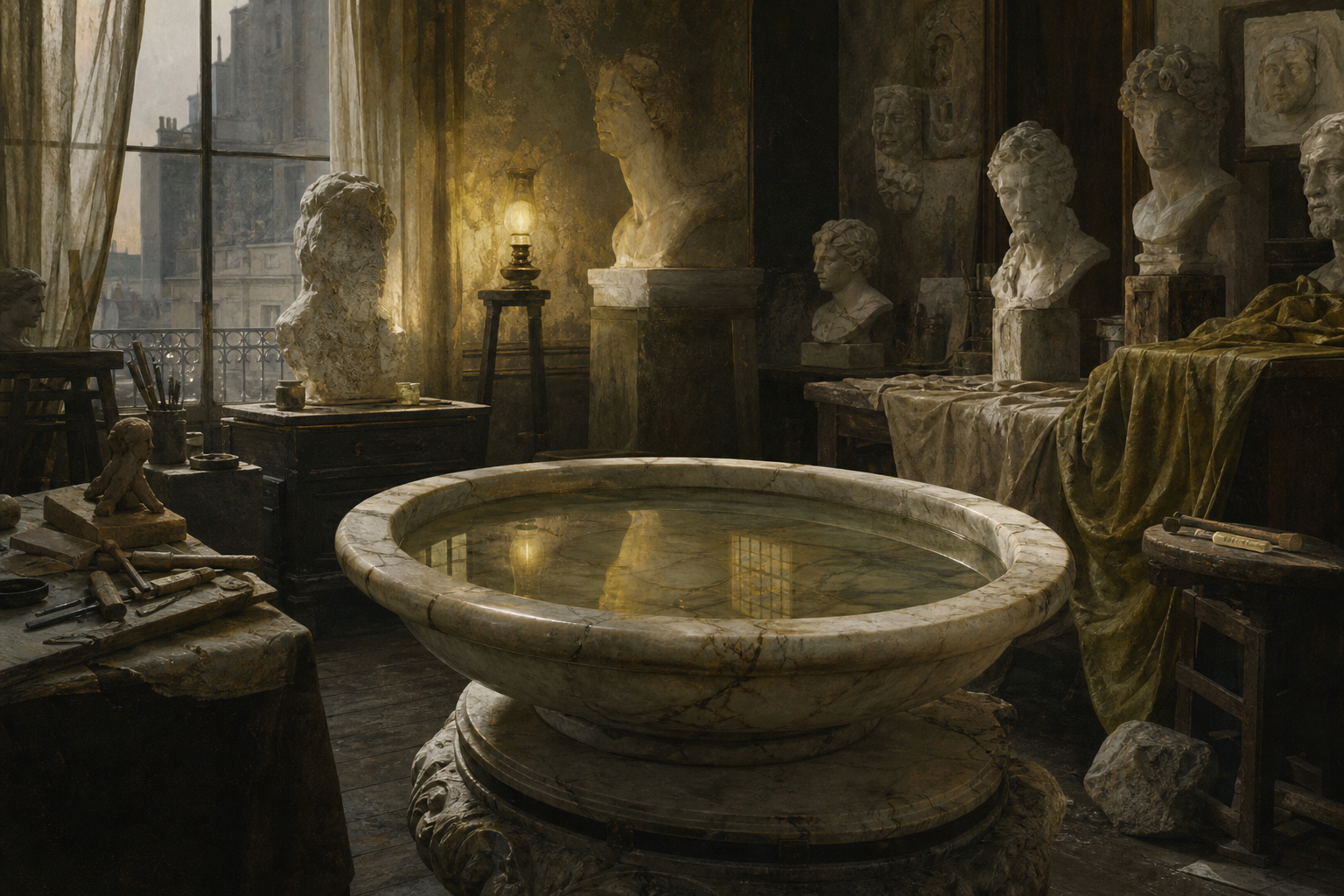 An AI-generated Paris sculptor studio for The Mask, with a marble basin, pale busts, tools, and tarnished yellow lamplight
