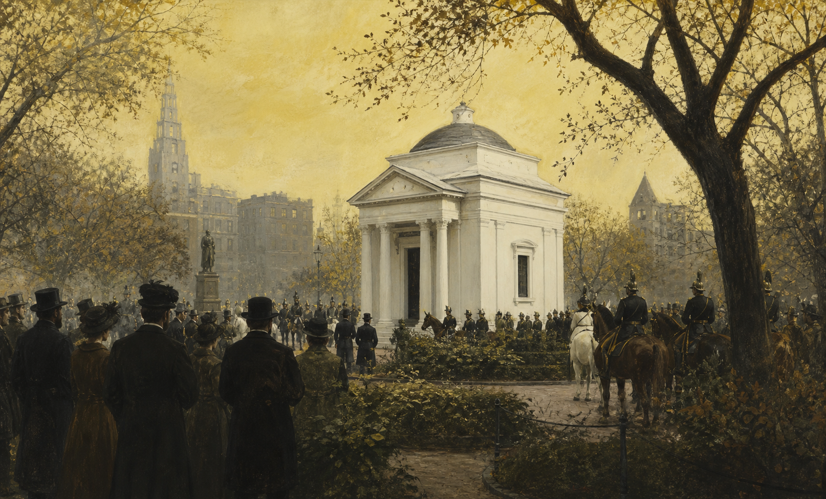 An AI-generated Washington Square scene from The Repairer of Reputations, with a white classical lethal chamber, mounted police, and silent spectators beneath a tarnished yellow sky