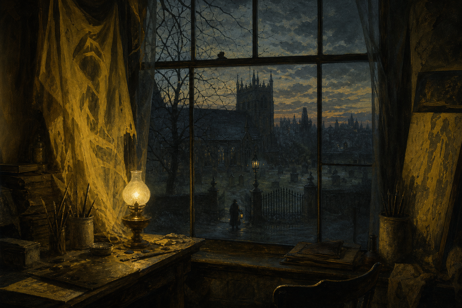 An AI-generated artist studio window in The Yellow Sign, looking down on a dusk churchyard and a distant watchman under tarnished yellow lamplight