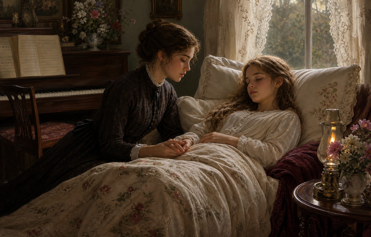 Beth March resting during illness while Jo sits close beside her, with a piano, flowers, and soft late-afternoon light in the March home