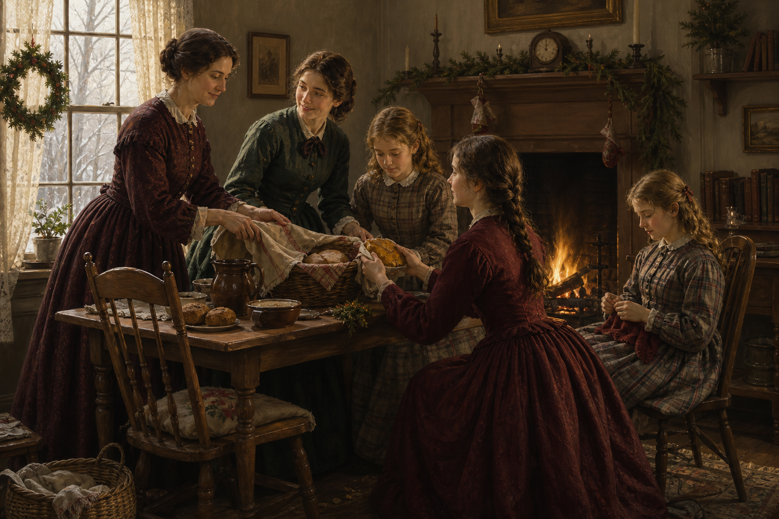 The March sisters and Marmee in a modest Civil War-era parlor on Christmas morning, gathering around a humble breakfast and warm hearth