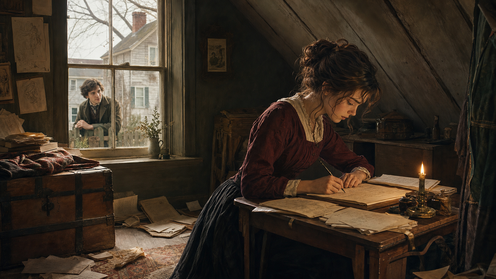 Jo March writing intensely in a quiet attic room with manuscript pages, candlelight, and Laurie visible near the neighboring window