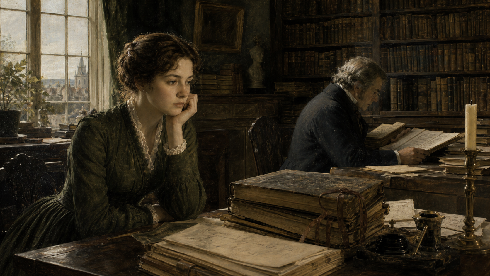 Dorothea Brooke in Casaubon's scholarly library beside heavy manuscripts, feeling the confinement of an idealistic marriage