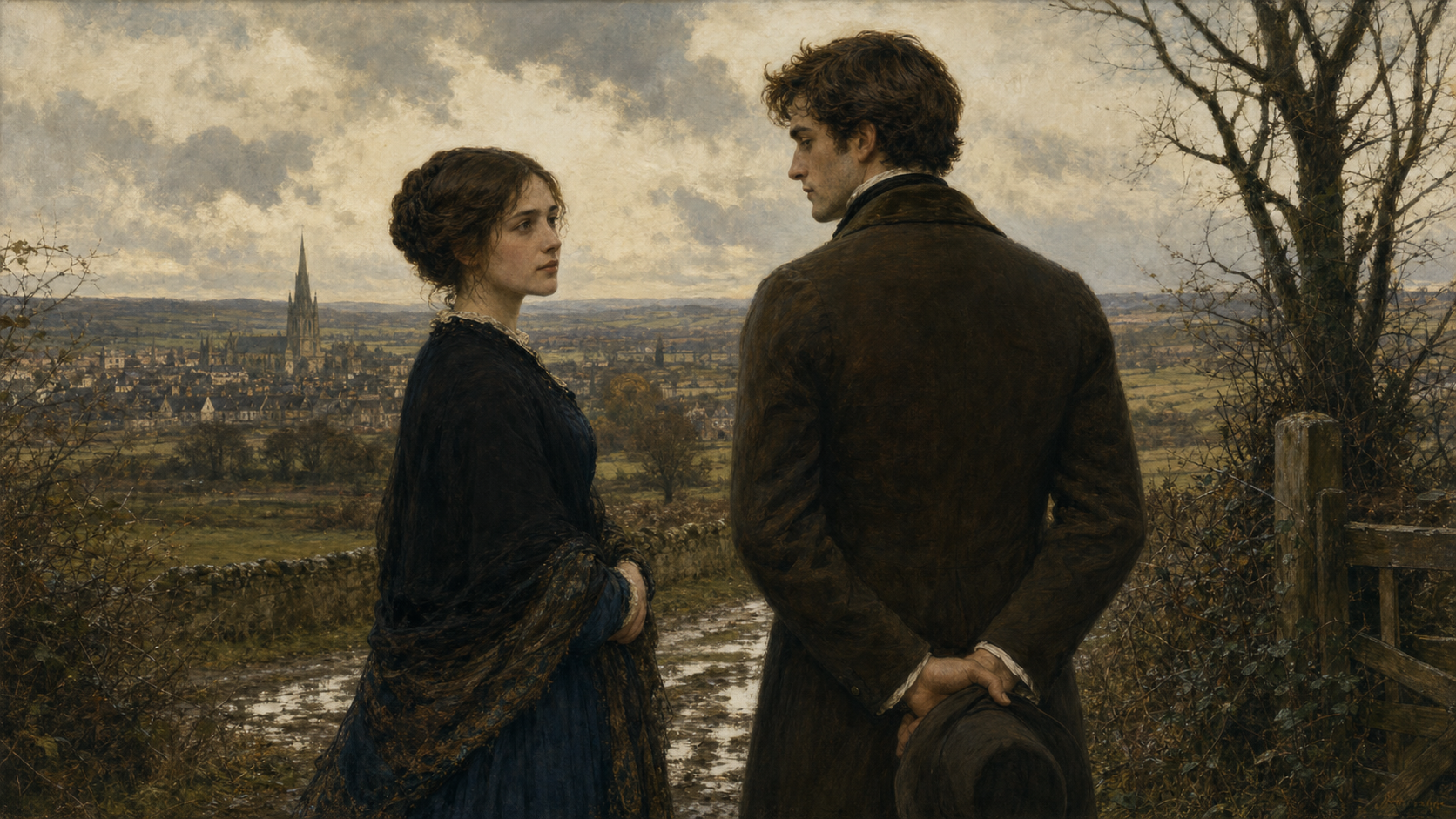 Dorothea Brooke and Will Ladislaw after rain in the Midlands, facing a new moral choice beyond reputation
