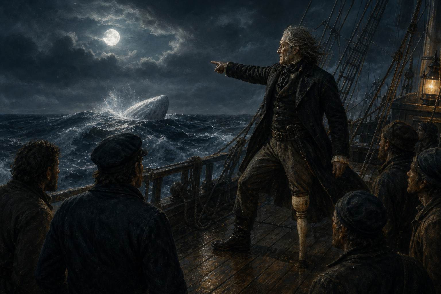 Captain Ahab standing on the deck of the Pequod at night, pointing toward a distant white whale shape in moonlit waves